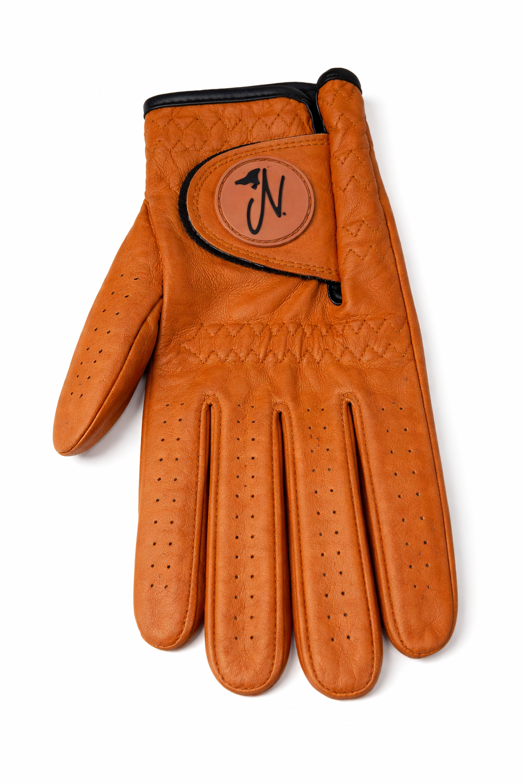 Brown leather Golf glove with a Nova Golf Club brand logo on a white background
