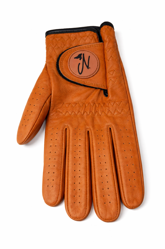 Brown leather Golf glove with a Nova Golf Club brand logo on a white background