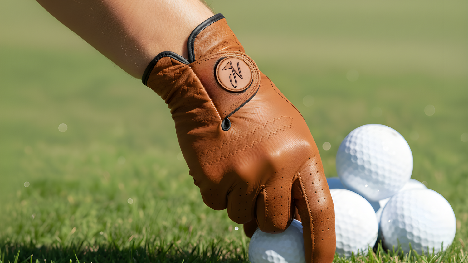 Brown golf glove on a hand with golf balls on grass