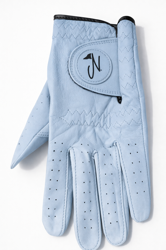 Light blue golf glove with Nova Golf brand logo on a white background