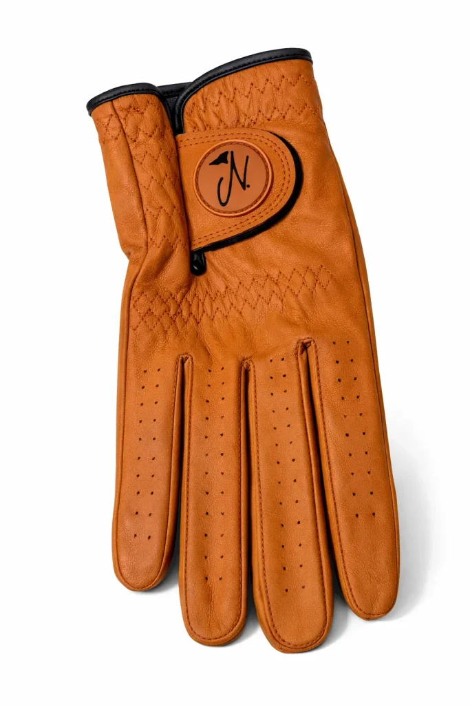 Nova golf glove in Cognac, back view
